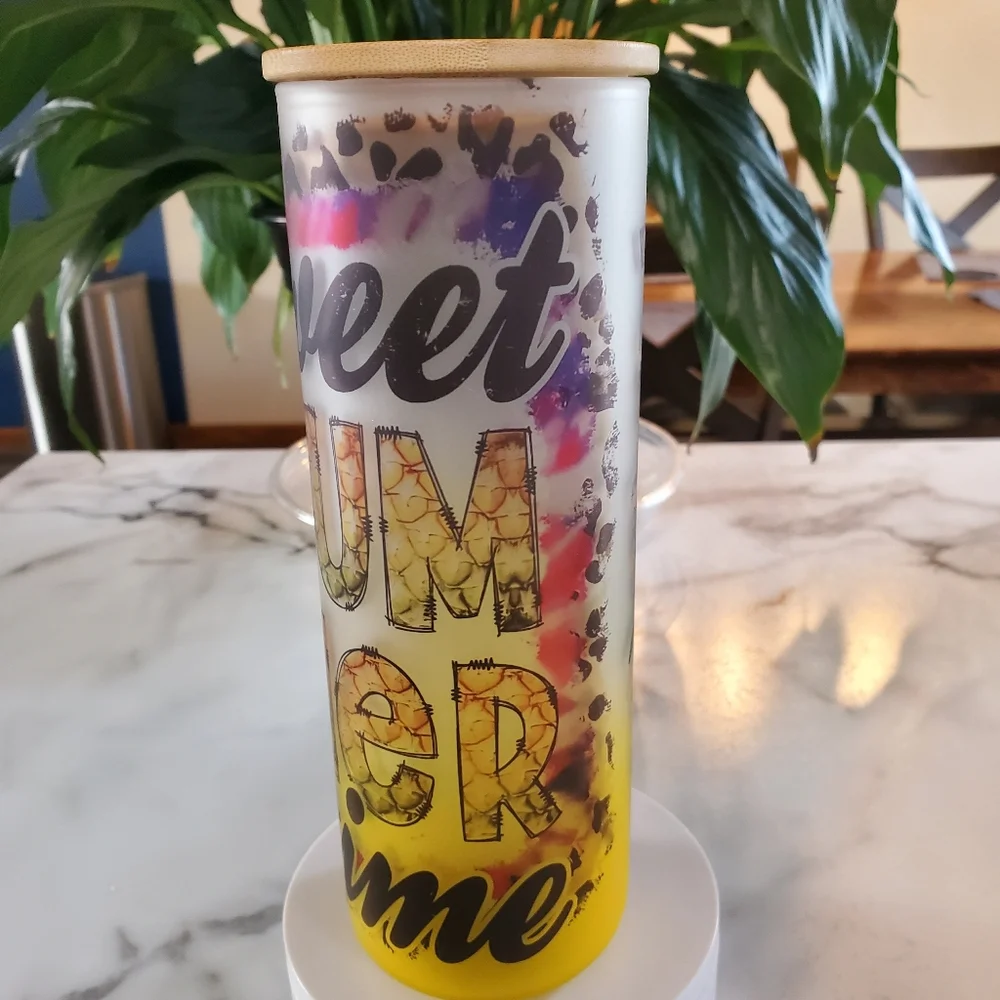 Sweet SUMMER time 20oz Gradient Yellow Glass Tumbler with duo lids 🎉sale